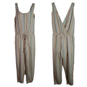 Drew Linen Cropped Jumpsuit Small Surplice Top Pockets Elastic Waist‎ Orange